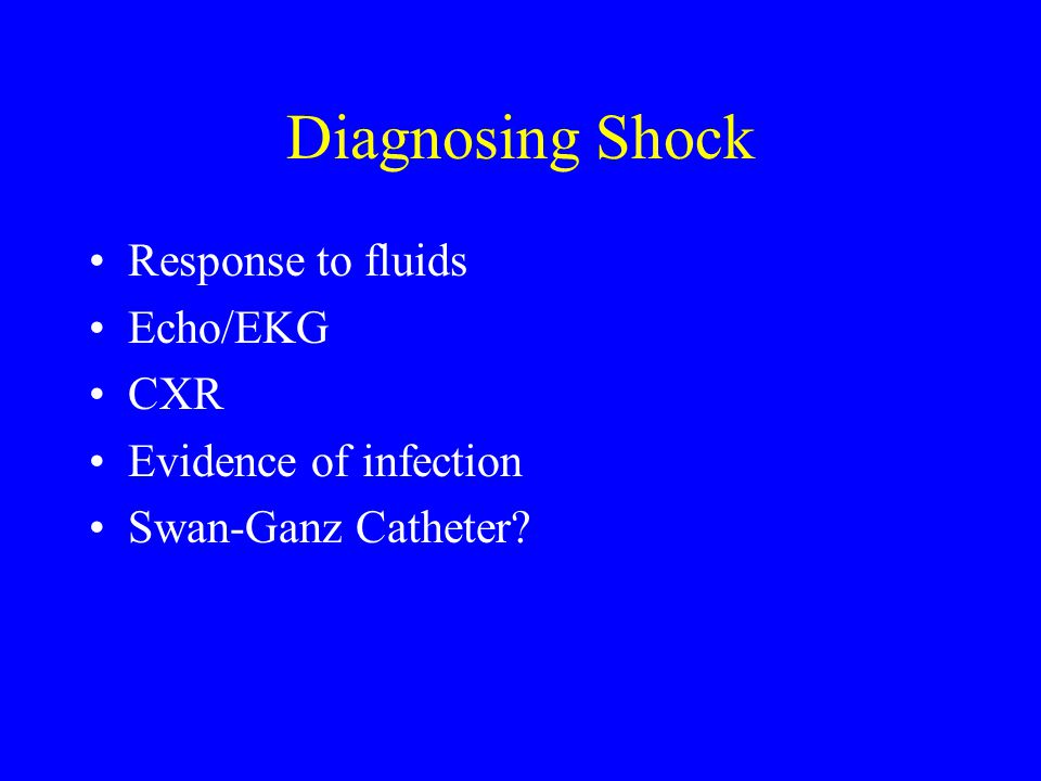 Diagnosing Shock Response to fluids Echo/EKG CXR Evidence of infection