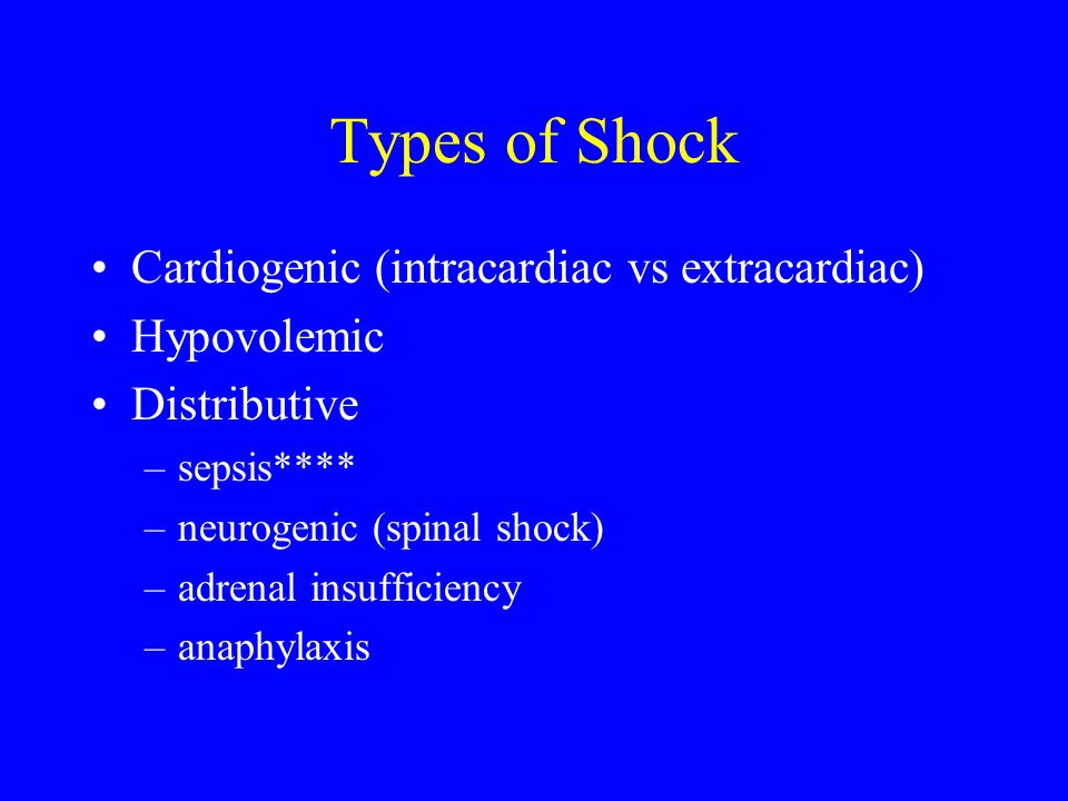 Types of Shock Cardiogenic (intracardiac vs extracardiac) Hypovolemic