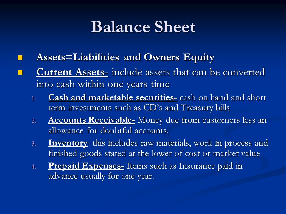 Balance Sheet Assets=Liabilities and Owners Equity