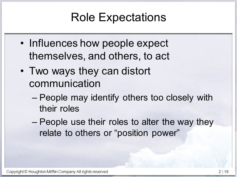 Role Expectations Influences how people expect themselves, and others, to act. Two ways they can distort communication.