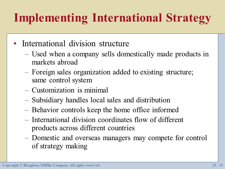 Implementing International Strategy