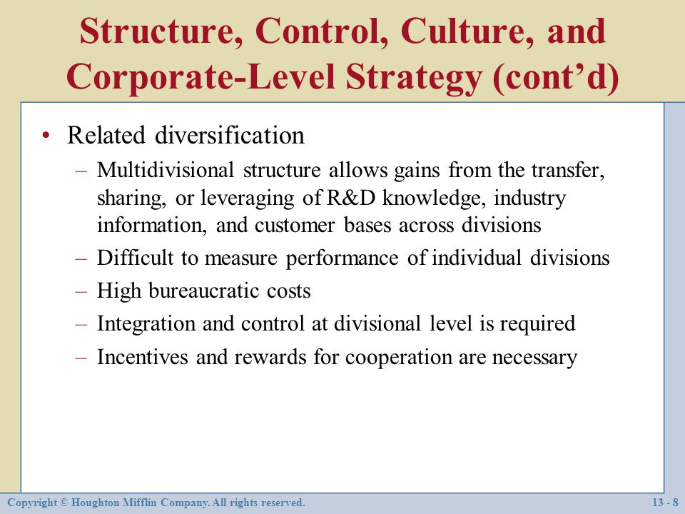 Structure, Control, Culture, and Corporate-Level Strategy (cont’d)