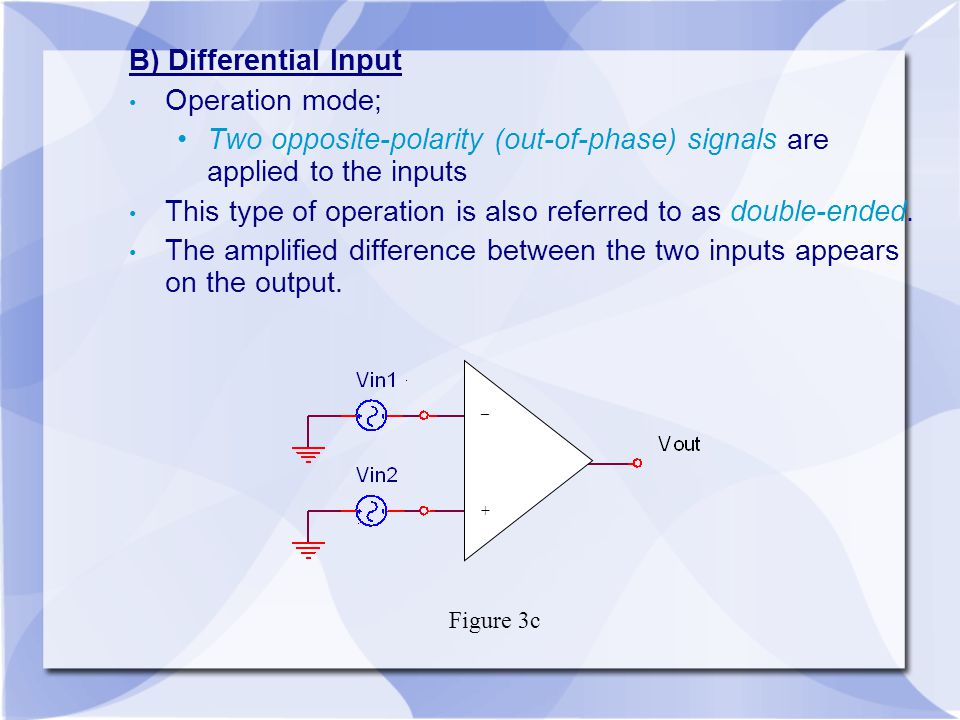 Two opposite-polarity (out-of-phase) signals are applied to the inputs