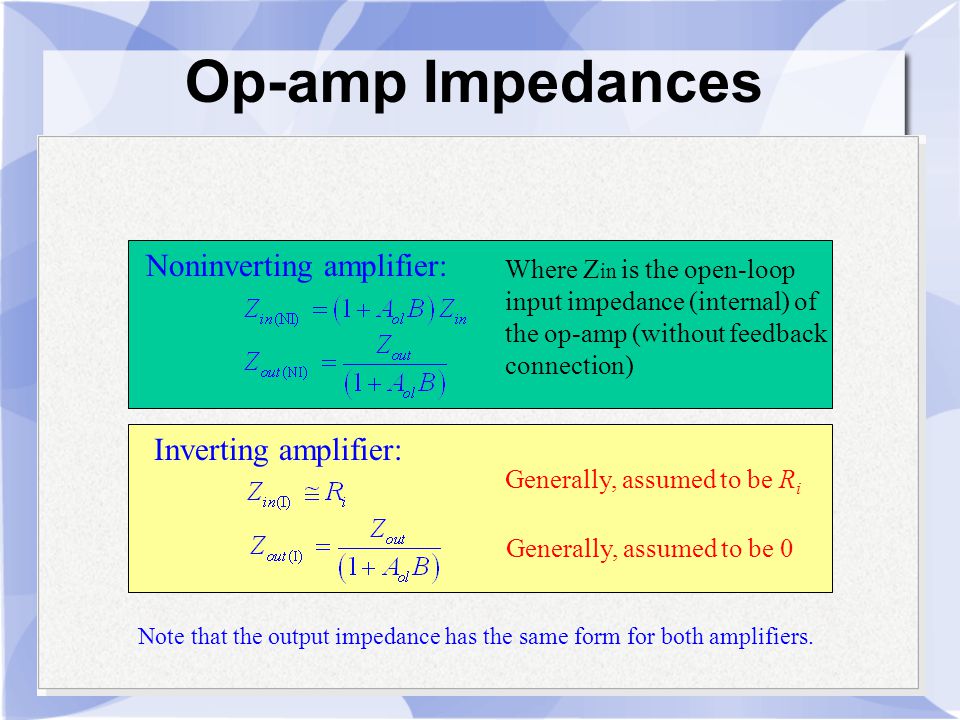 Op-amp Impedances Noninverting amplifier: Inverting amplifier: