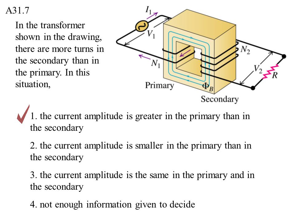 A31.7 In the transformer shown in the drawing, there are more turns in the secondary than in the primary. In this situation,