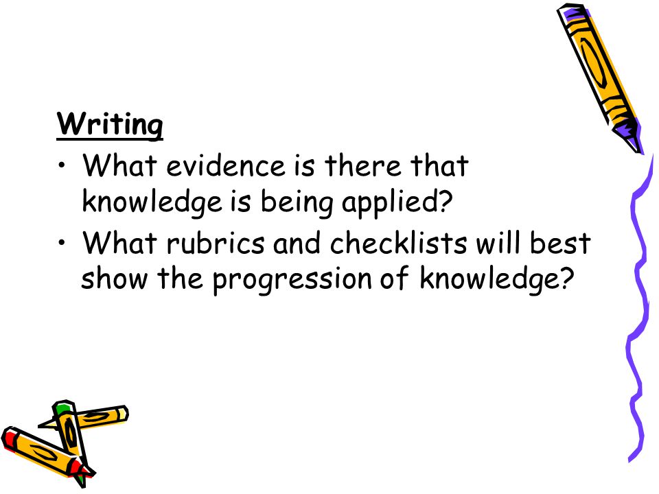 Writing. What evidence is there that knowledge is being applied.