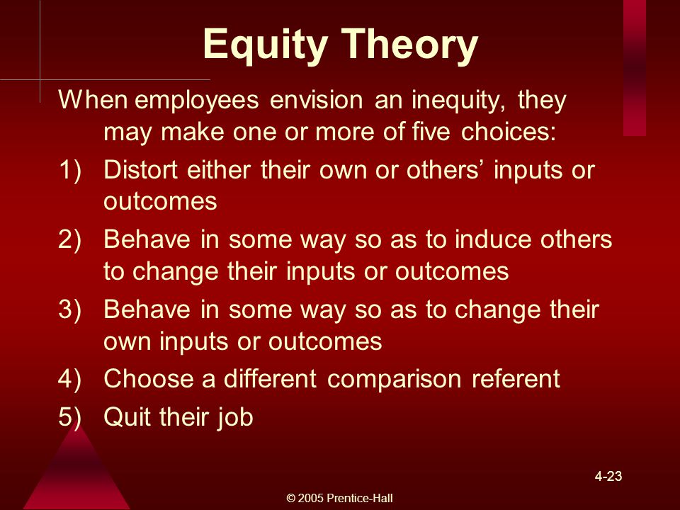 Equity Theory When employees envision an inequity, they may make one or more of five choices: Distort either their own or others’ inputs or outcomes.