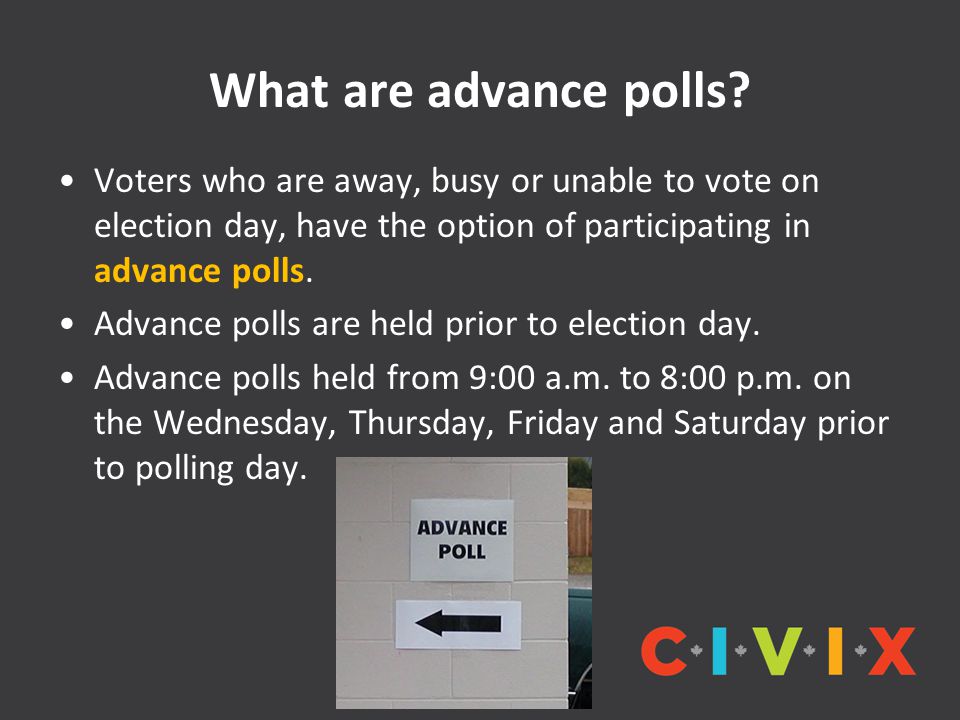 What are advance polls Voters who are away, busy or unable to vote on election day, have the option of participating in advance polls.