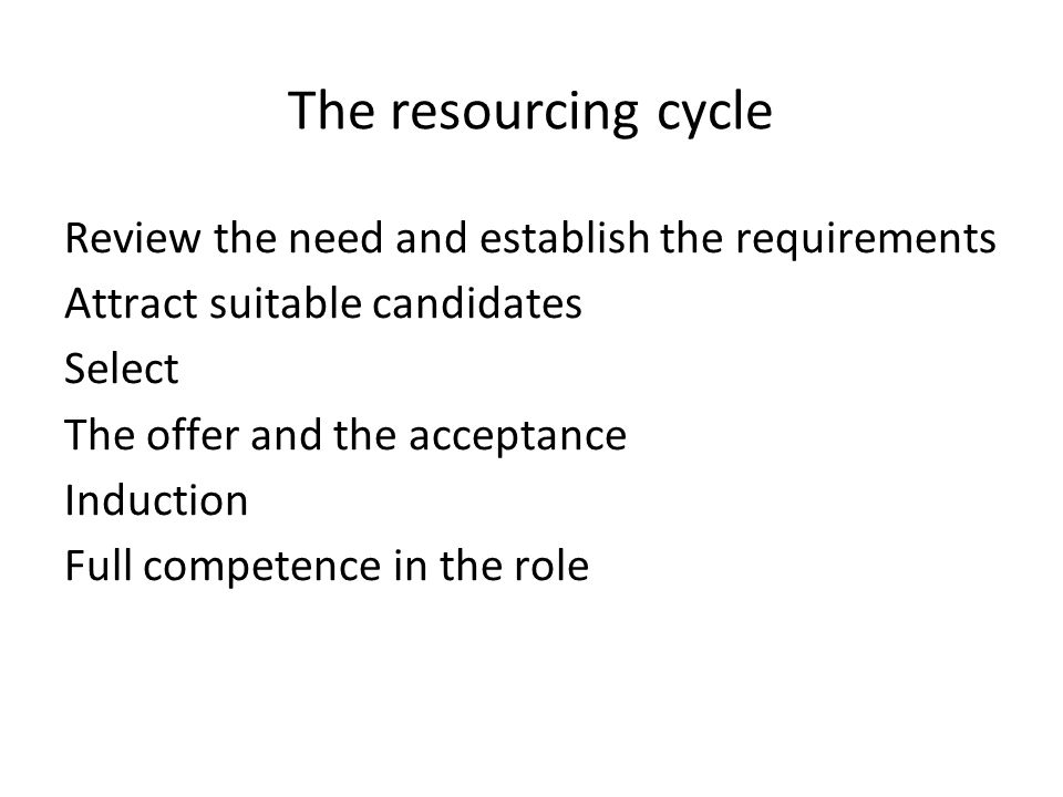 The resourcing cycle Review the need and establish the requirements