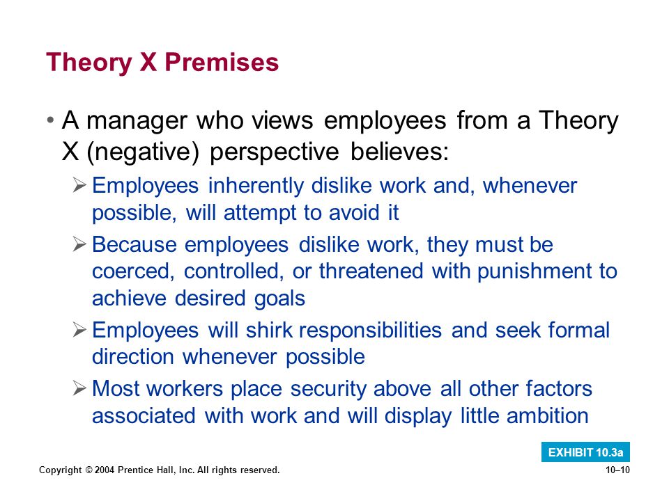 Theory X Premises A manager who views employees from a Theory X (negative) perspective believes:
