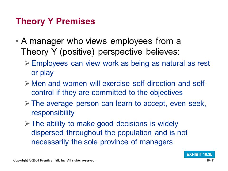 Theory Y Premises A manager who views employees from a Theory Y (positive) perspective believes: