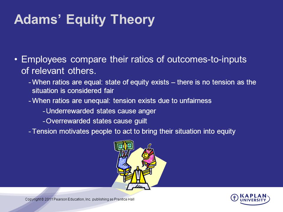 Adams’ Equity Theory Employees compare their ratios of outcomes-to-inputs of relevant others.