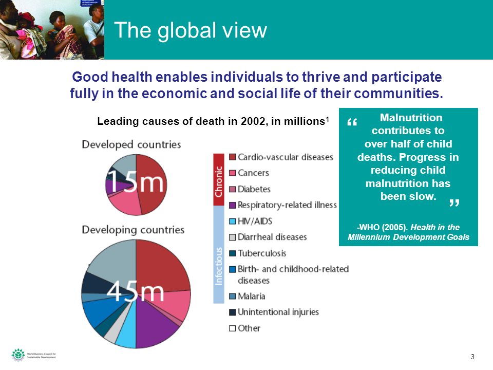 The global view Good health enables individuals to thrive and participate fully in the economic and social life of their communities.