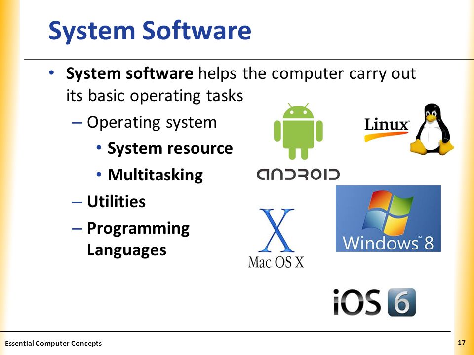 System Software System software helps the computer carry out its basic operating tasks. Operating system.
