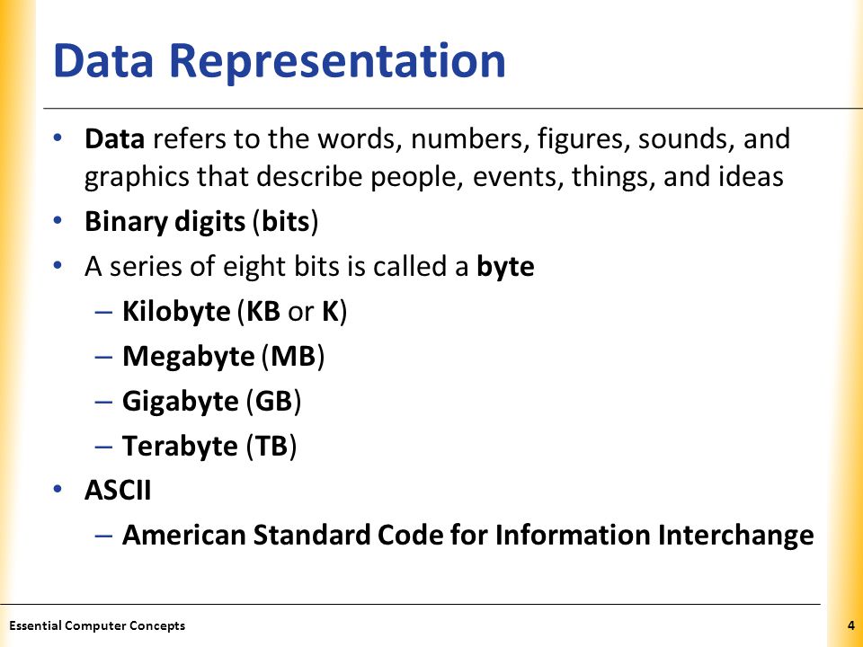 Data Representation Data refers to the words, numbers, figures, sounds, and graphics that describe people, events, things, and ideas.