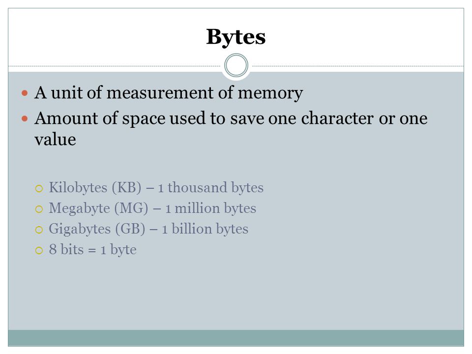 Bytes A unit of measurement of memory