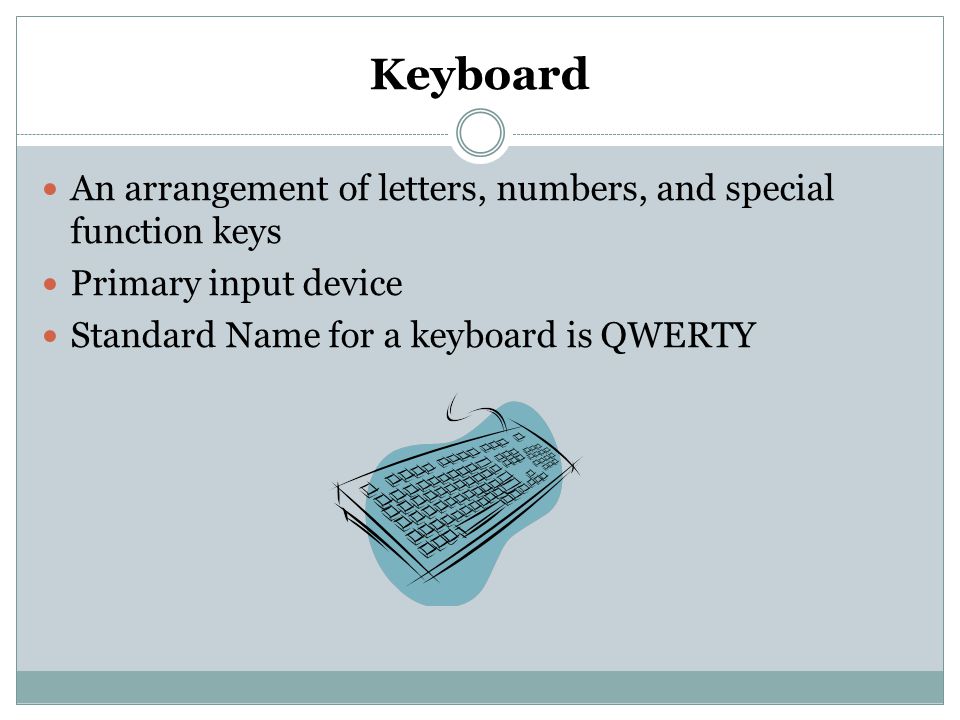 Keyboard An arrangement of letters, numbers, and special function keys