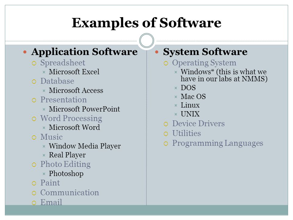 Examples of Software Application Software System Software Spreadsheet
