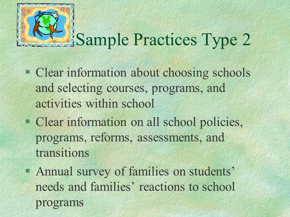 Sample Practices Type 2 Clear information about choosing schools and selecting courses, programs, and activities within school.