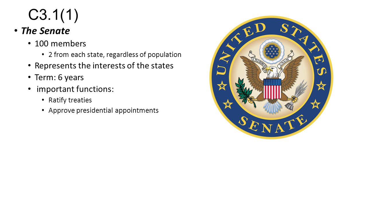 C3.1(1) The Senate 100 members Represents the interests of the states