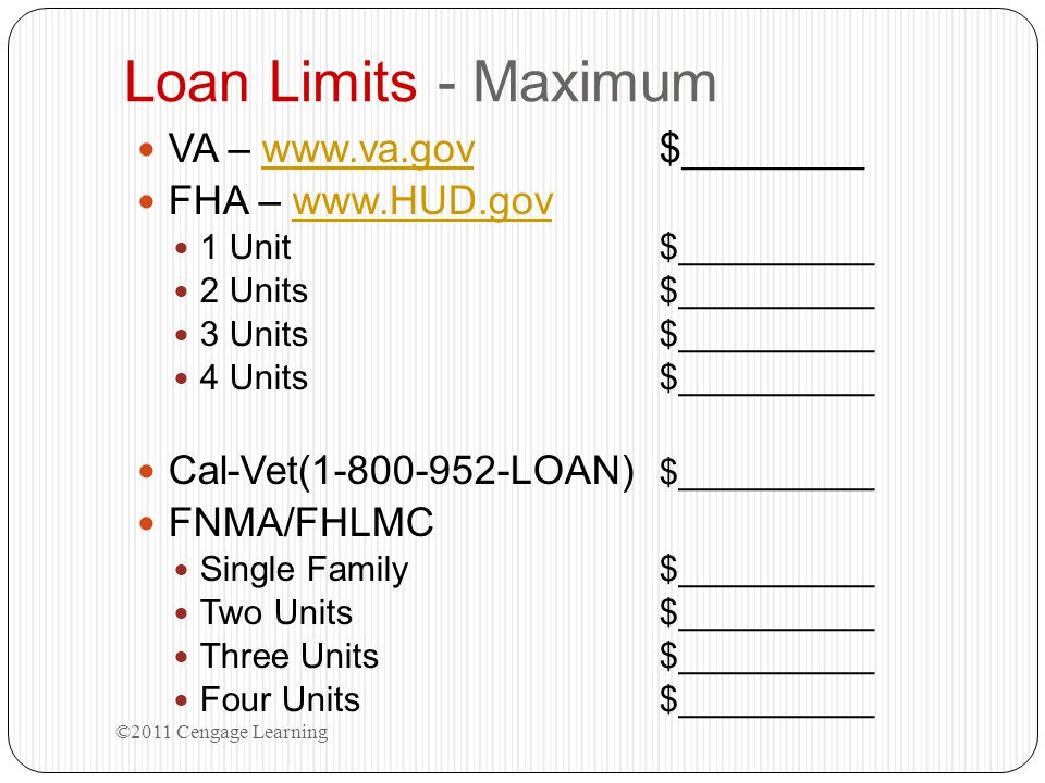 Loan Limits - Maximum VA –   $________ FHA –