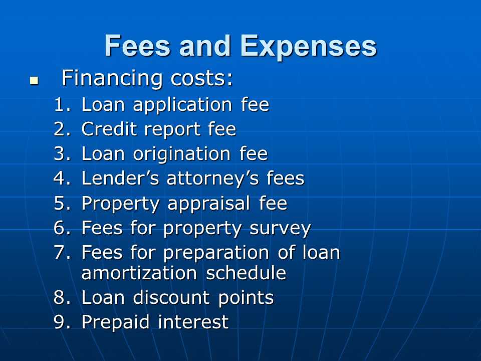 Fees and Expenses Financing costs: Loan application fee