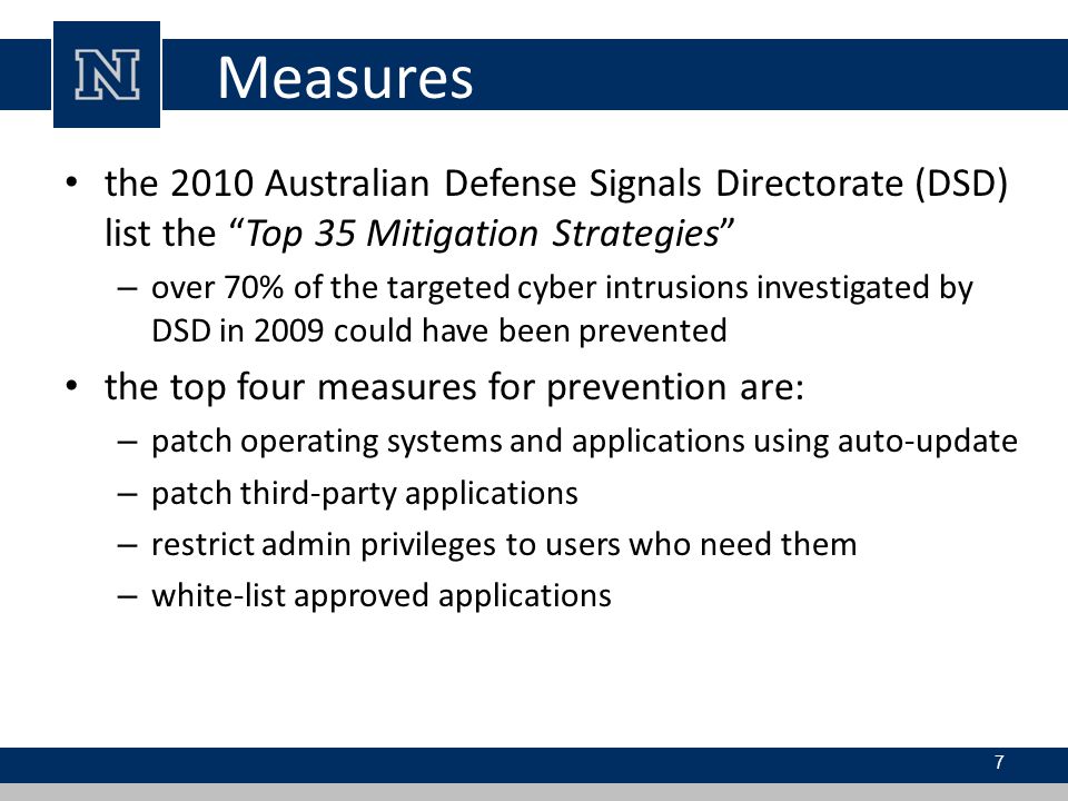 Measures the 2010 Australian Defense Signals Directorate (DSD) list the Top 35 Mitigation Strategies