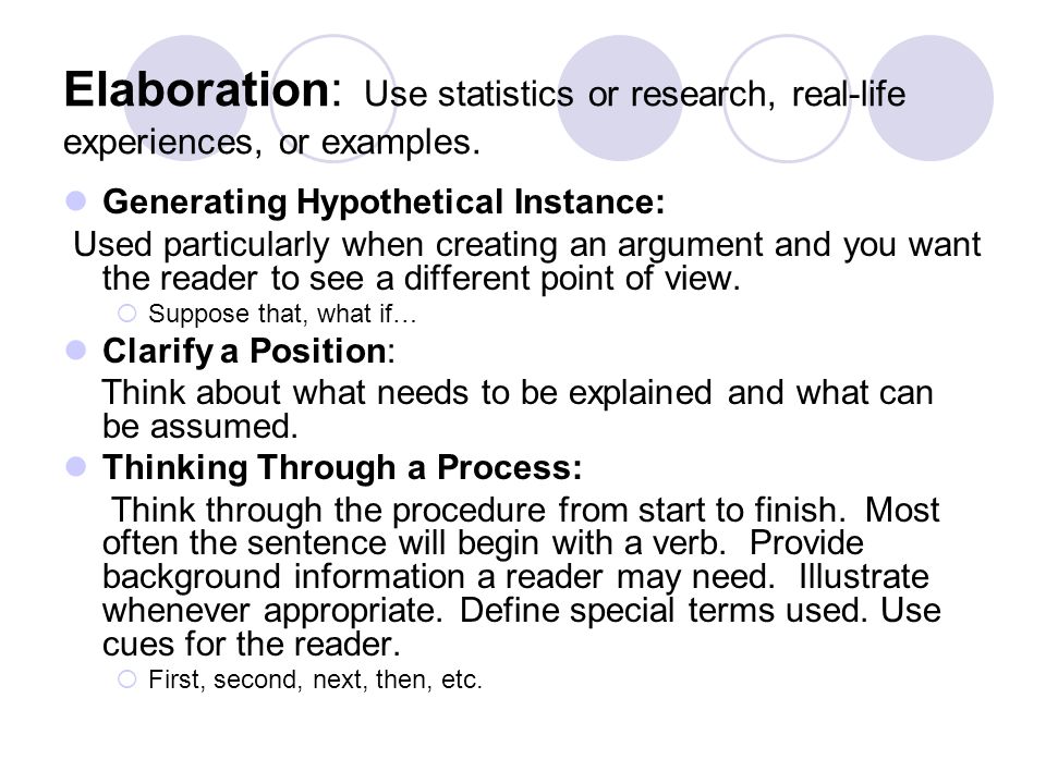 Elaboration: Use statistics or research, real-life experiences, or examples.