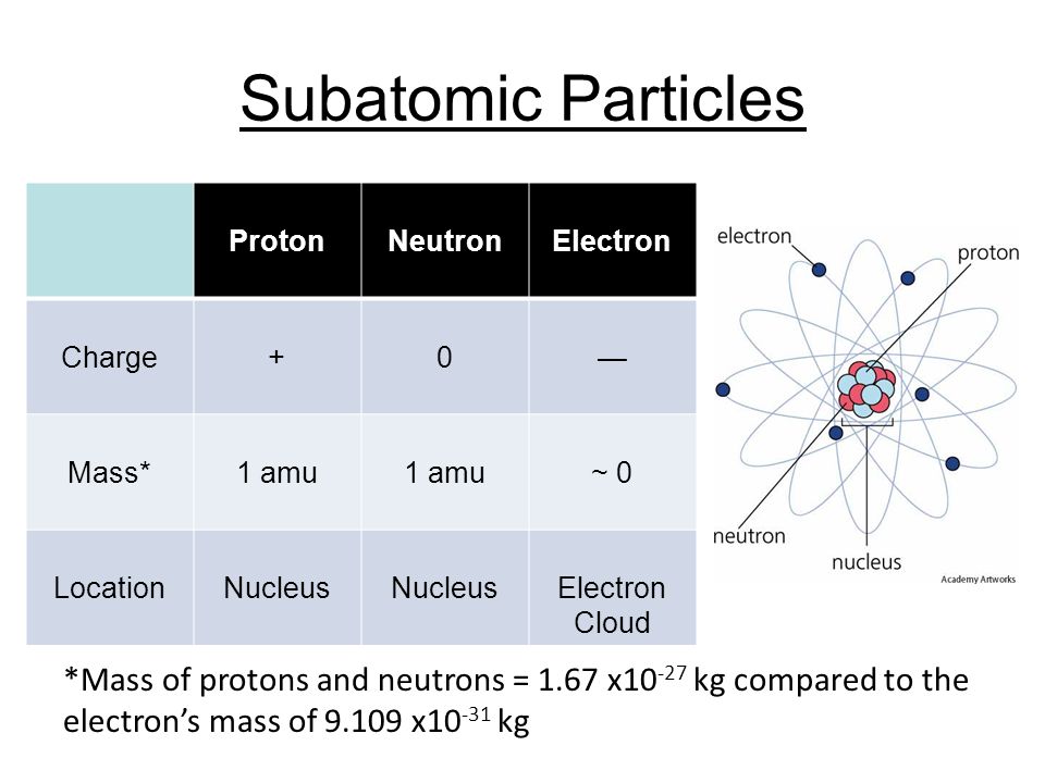Subatomic Particles Proton. Neutron. Electron. Charge. + — Mass* 1 amu. ~ 0. Location. Nucleus.