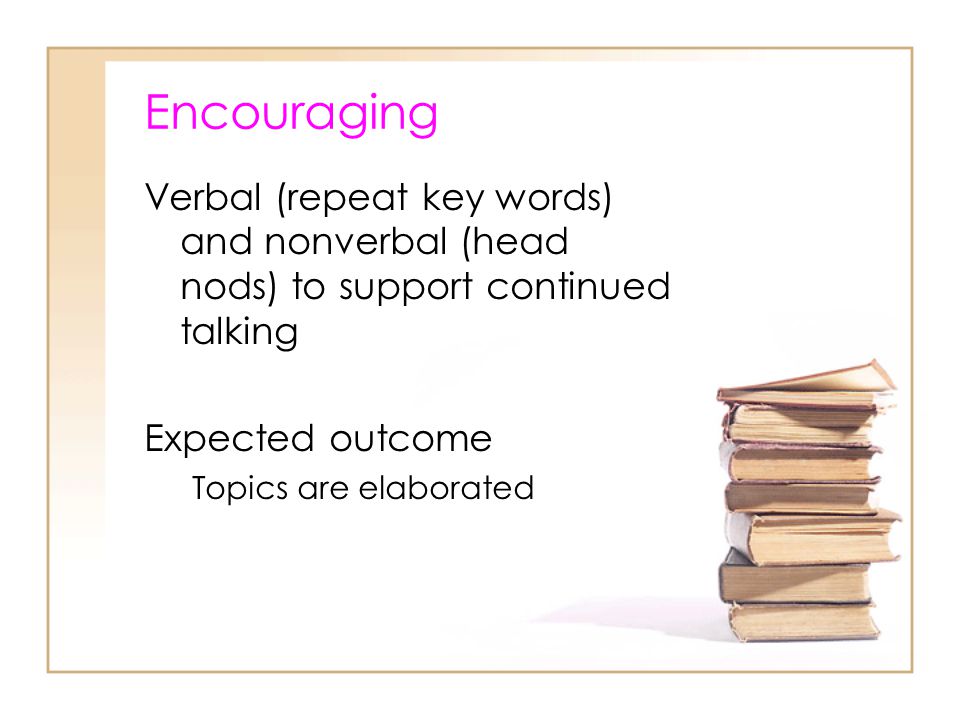 Encouraging Verbal (repeat key words) and nonverbal (head nods) to support continued talking. Expected outcome.
