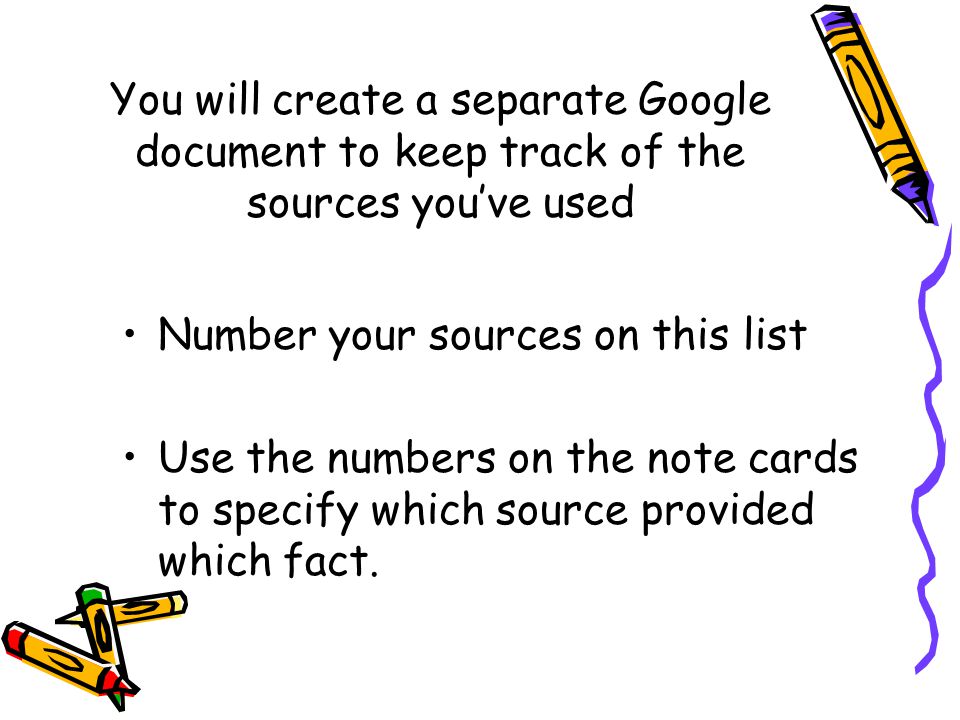 You will create a separate Google document to keep track of the sources you’ve used