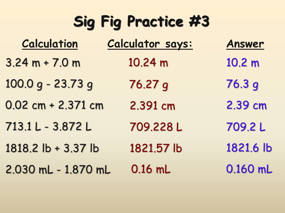 Sig Fig Practice #3 Calculation Calculator says: Answer 3.24 m m