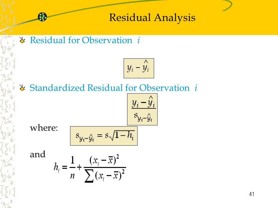 Residual Analysis Residual for Observation i yi – yi