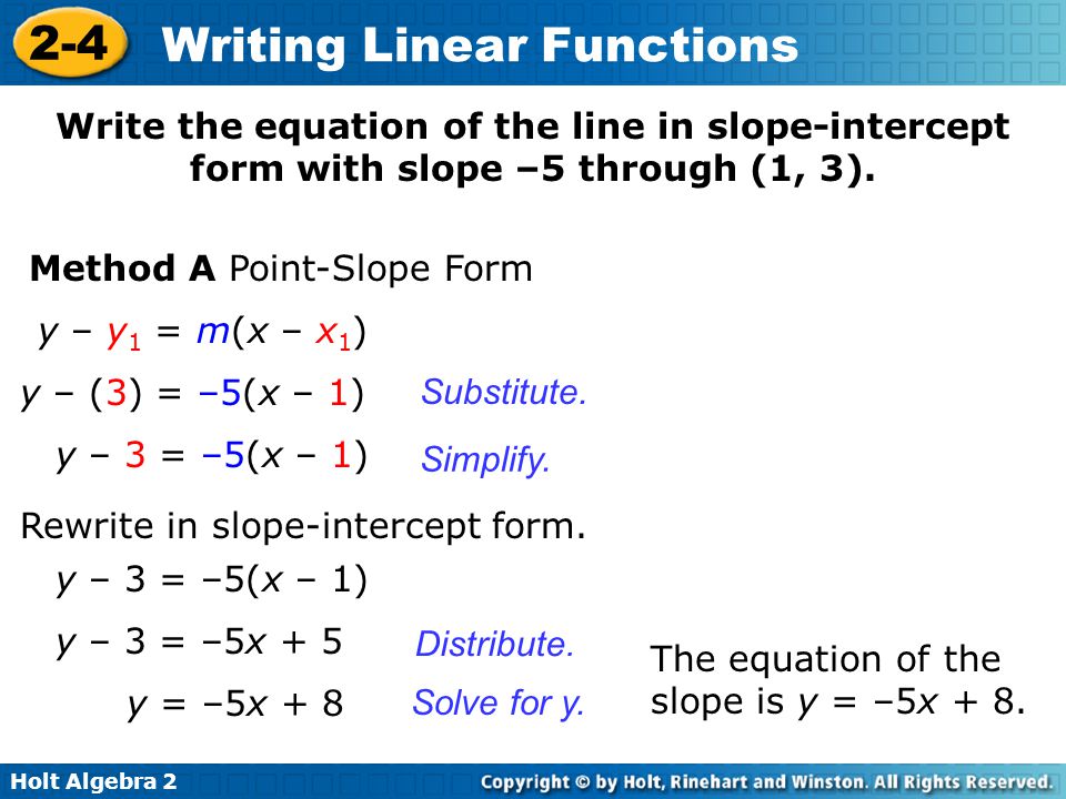 Write the equation of the line in slope-intercept form with slope –5 through (1, 3).