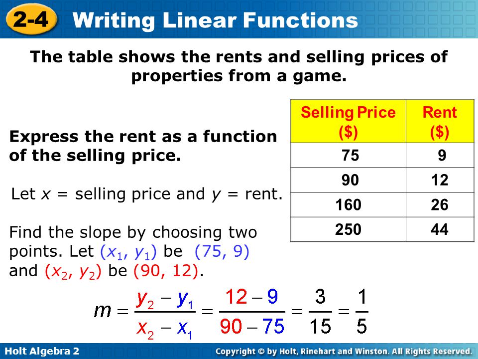 Let x = selling price and y = rent.