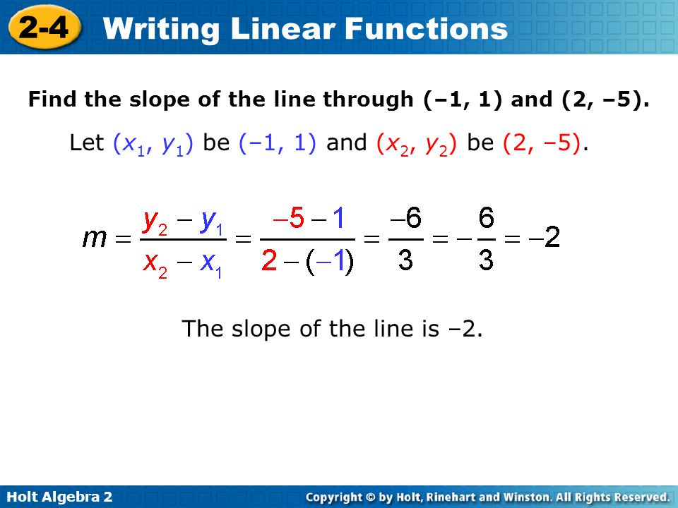 Find the slope of the line through (–1, 1) and (2, –5).