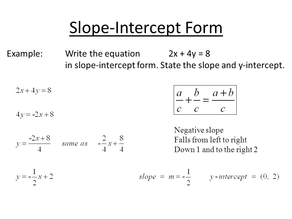 Slope-Intercept Form Example: Write the equation 2x + 4y = 8 in slope-intercept form. State the slope and y-intercept.