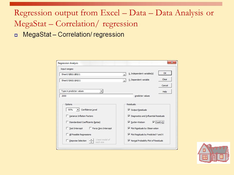 Regression output from Excel – Data – Data Analysis or MegaStat – Correlation/ regression