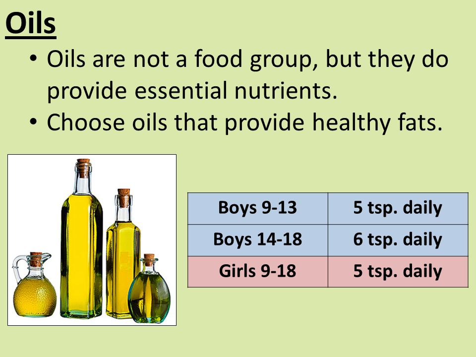 Oils Oils are not a food group, but they do provide essential nutrients. Choose oils that provide healthy fats.