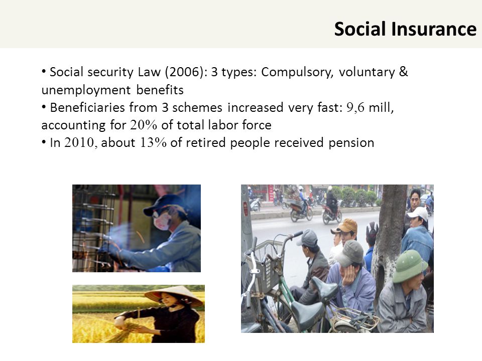 Social Insurance Social security Law (2006): 3 types: Compulsory, voluntary & unemployment benefits.