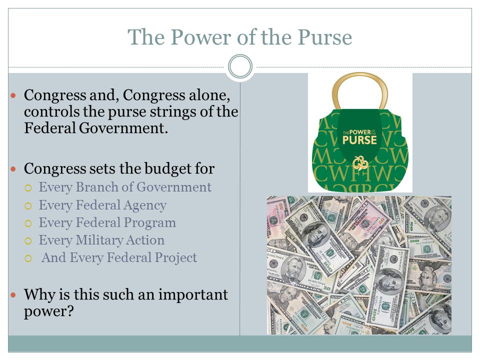 The+Power+of+the+Purse+Congress+and%2C+Congress+alone%2C+controls+the+purse+strings+of+the+Federal+Government.