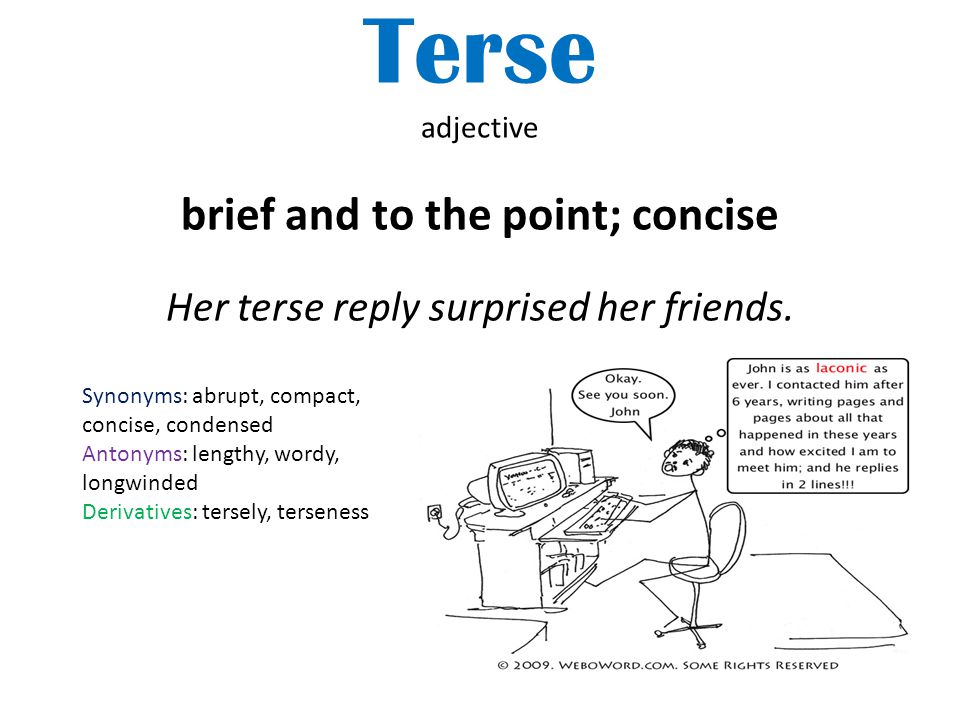 Terse adjective brief and to the point; concise Her terse reply surprised her friends.