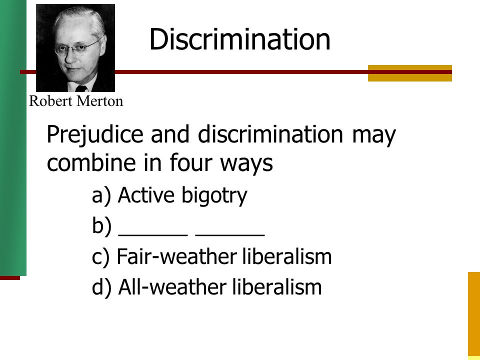 Discrimination Prejudice and discrimination may combine in four ways