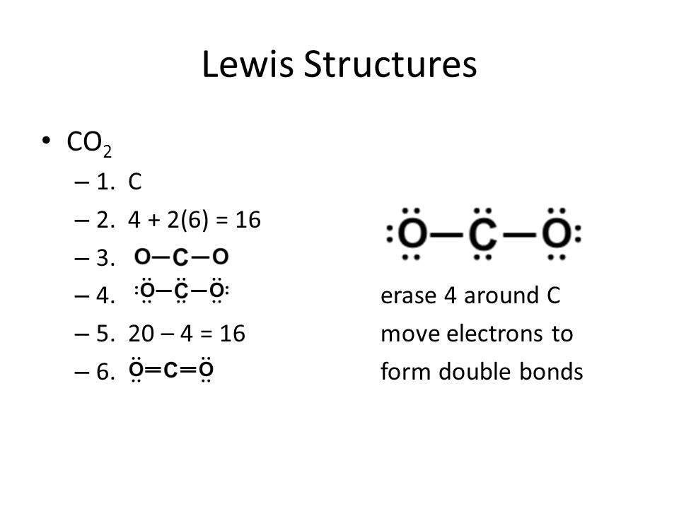 Lewis Structures CO2 1. C 2. 4 + 2(6) = 16 3. 4. erase 4 around C. 4 = 16 m...