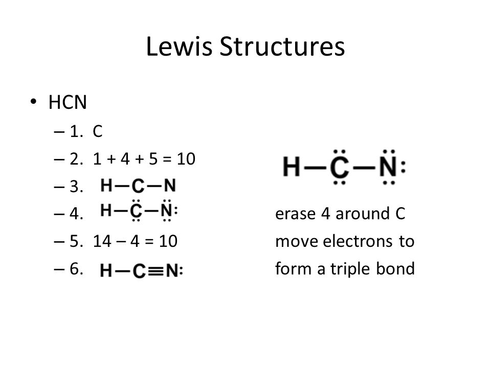 Lewis Structures HCN 1. C = erase 4 around C.