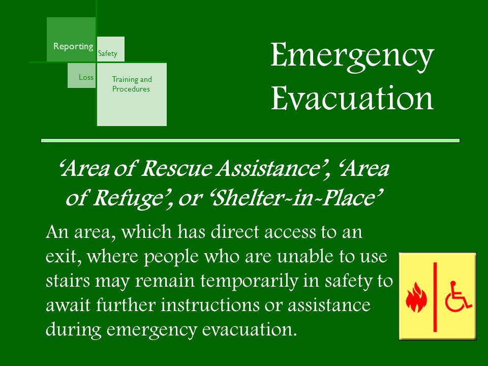‘Area of Rescue Assistance’, ‘Area of Refuge’, or ‘Shelter-in-Place’