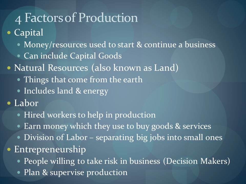 4 Factors of Production Capital Natural Resources (also known as Land)
