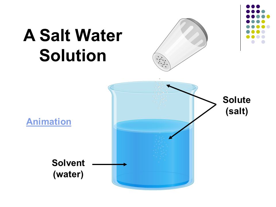 A Salt Water Solution Solute (salt) Animation Solvent (water)