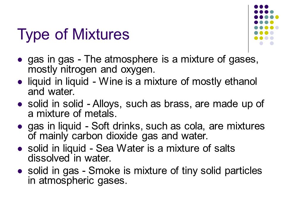 Type of Mixtures gas in gas - The atmosphere is a mixture of gases, mostly nitrogen and oxygen.