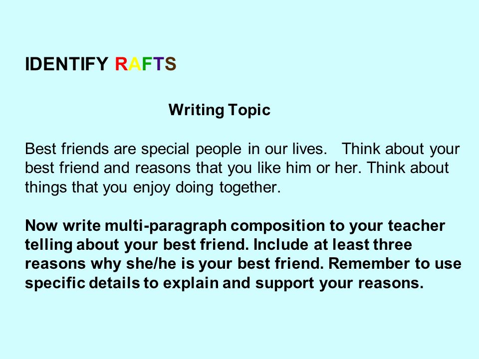 IDENTIFY RAFTS Writing Topic Best friends are special people in our lives.